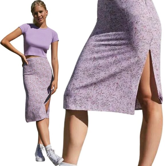 John Galt Brandy Melville Phoebe Floral Midi Skirt One Size Lavender Slit Girly - Picture 1 of 15